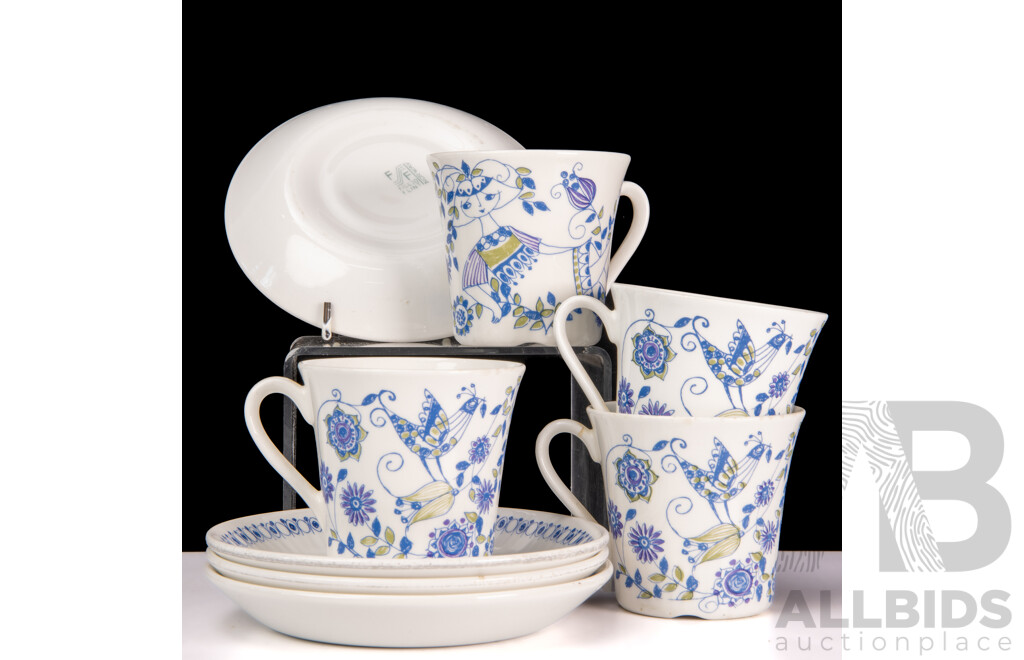 Set Four Mid Century Figgjo Flint Turi Design Lotte Hand Painted Silkscreen Porcelain Duos