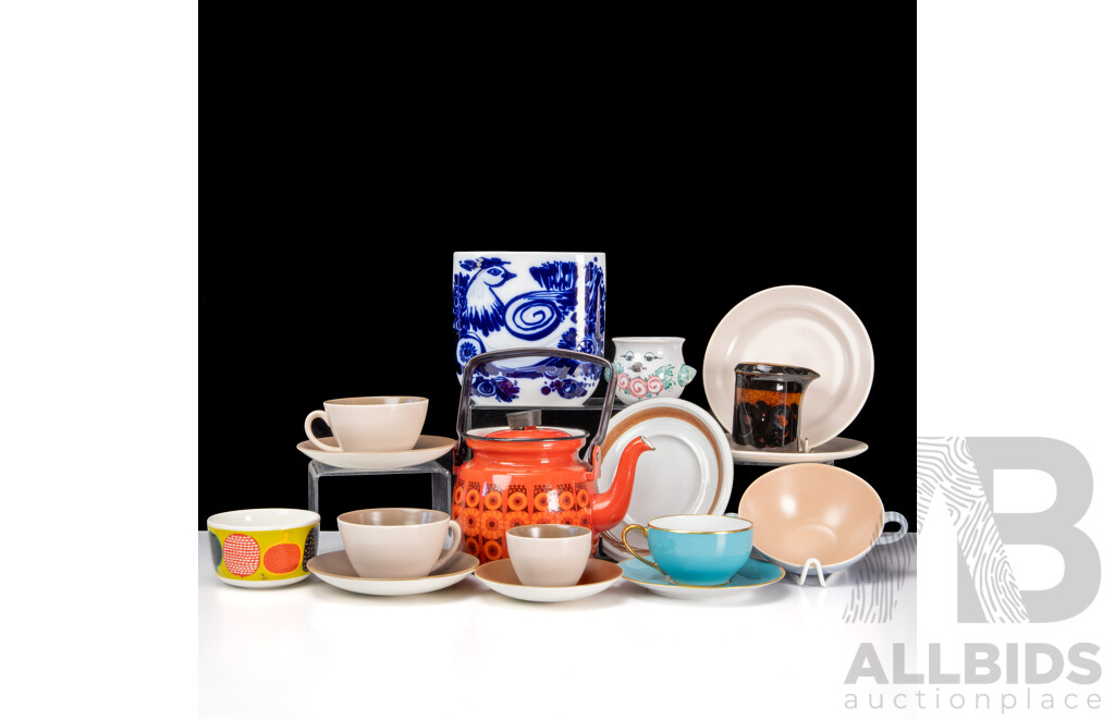 Collection Mid Century Ceramic Pieces Including Bjorn Wiinblad x Rosenthal Bird Pot & Rooster Vase, Kaj Franck for Arabia Teapot, Two Poole Pottery Trios and More