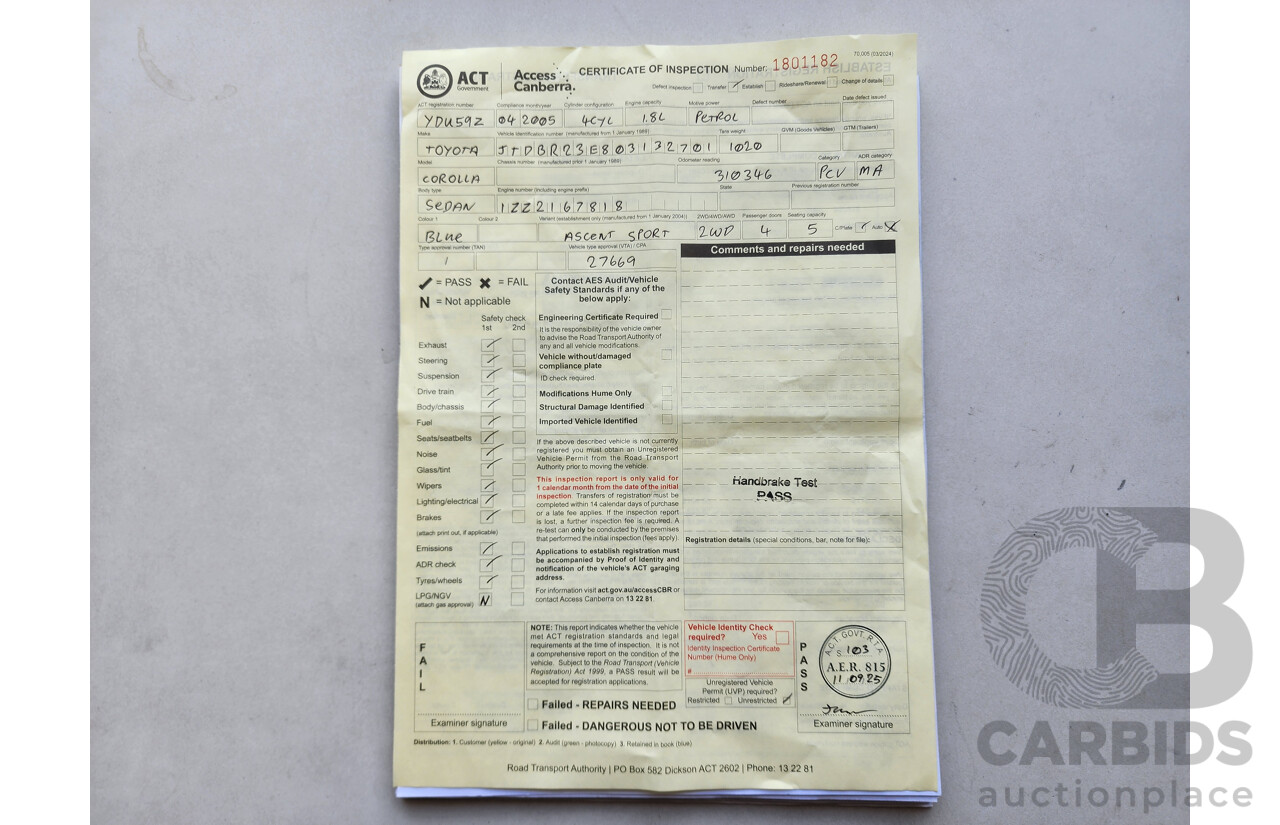 4/2005 Toyota Corolla Ascent Sport ZZE122R 4d Sedan Blue 1.8L