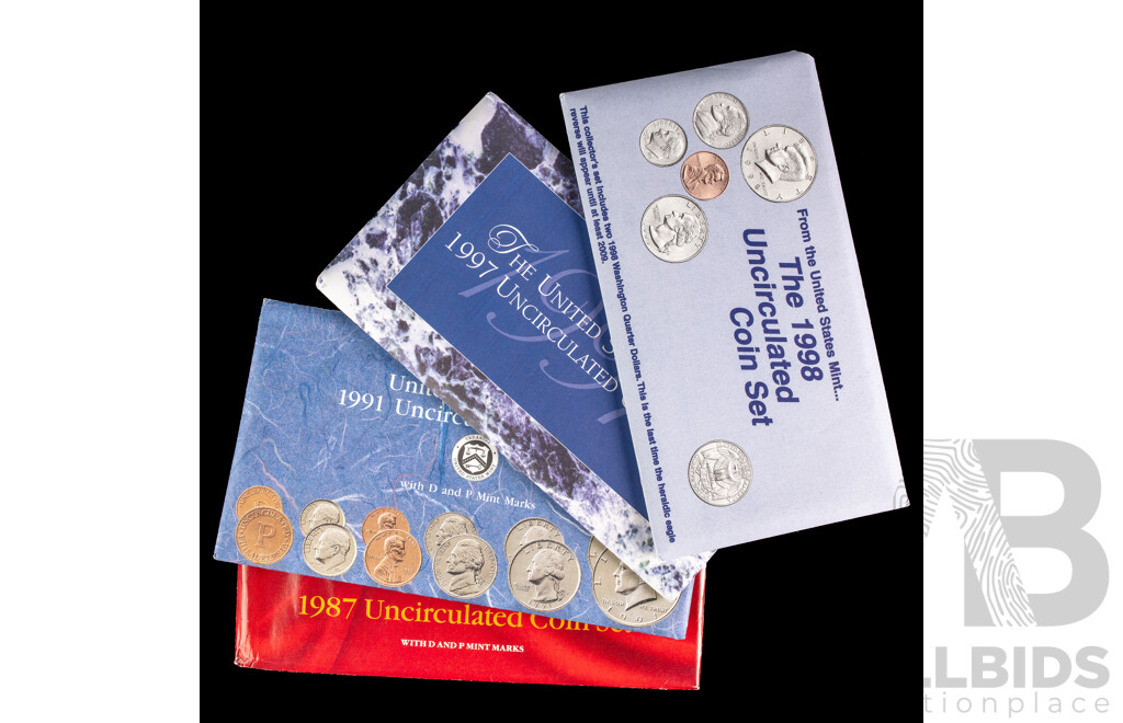 Four USA UNC Mint Sets, Years 1987, 1991, 1998, 1997