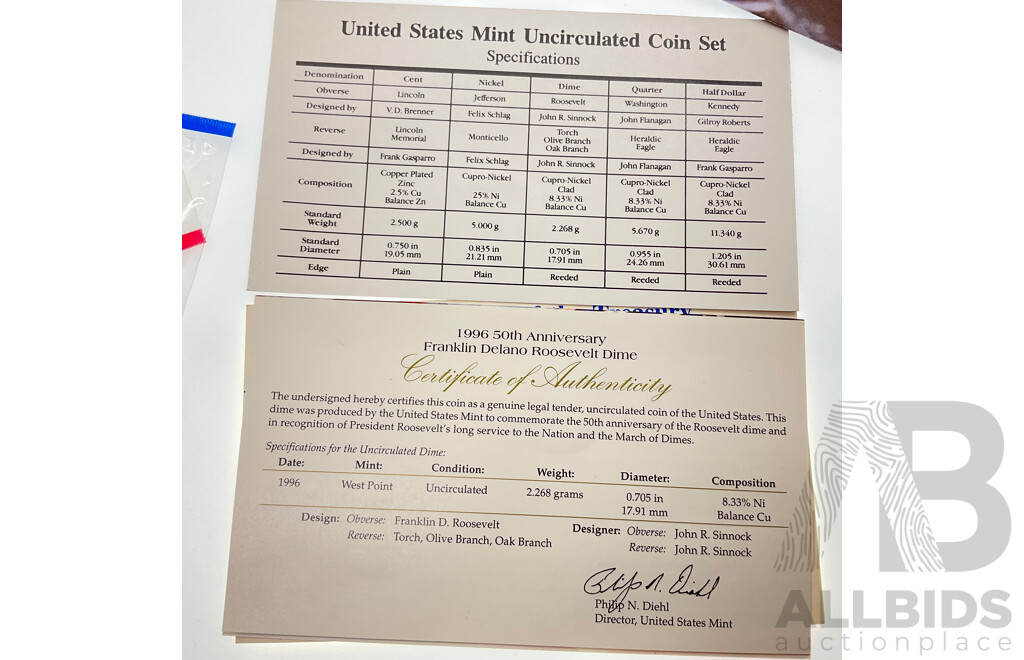 USA 1996 UNC Coin Sets, Denver, New York and Philadelphia Mints