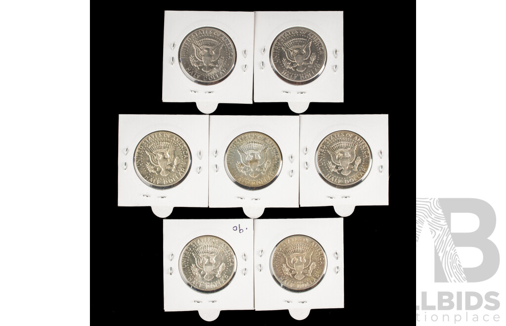 Seven USA Kennedy Half Dollars Including Silver 1964, 1965, 1966, 1967, 1969D, 1971D, 1972D
