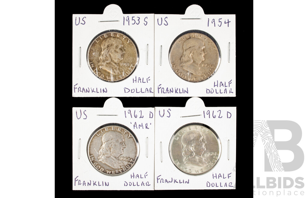 Four USA Franklin Silver Half Dollars Including 1953S, 1954, 1962D, 1962D 1962D-AMR Stamped .900