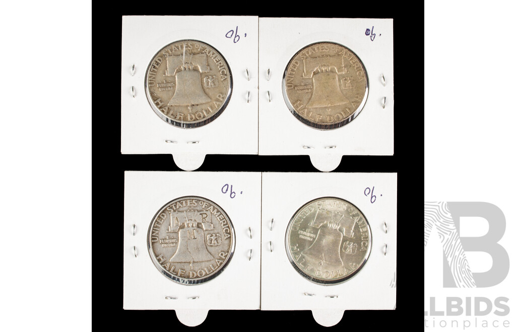 Four USA Franklin Silver Half Dollars Including 1953S, 1954, 1962D, 1962D 1962D-AMR Stamped .900