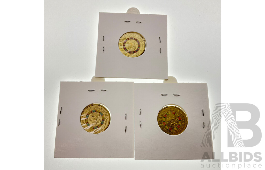 Three Australian 2019 Mr Squiggle Two Dollar Coins, Bill the Steam Shovel, Gus the Snail, Mr Squiggle