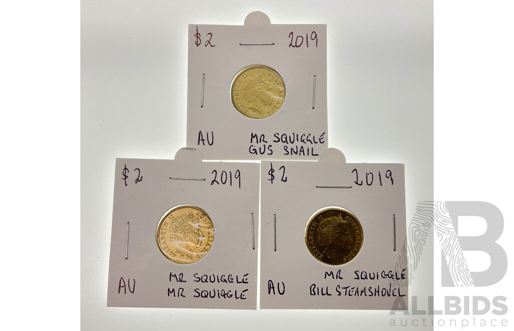Three Australian 2019 Mr Squiggle Two Dollar Coins, Bill the Steam Shovel, Gus the Snail, Mr Squiggle