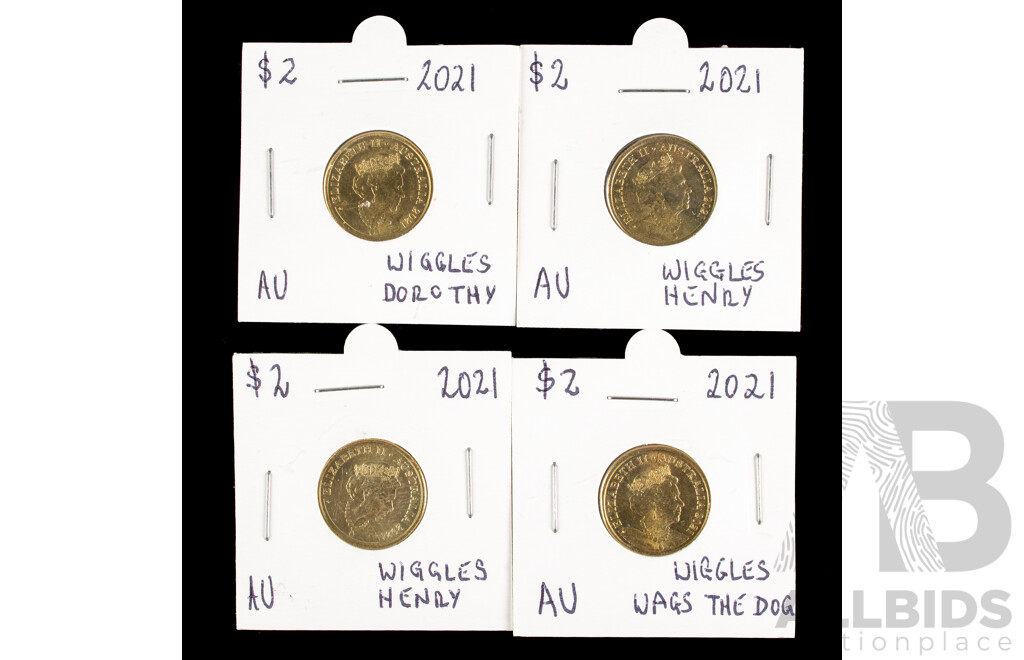 Australian 2021 Commemorative Two Dollar Wiggles Coins, Henry the Octopus(2), Wags the Dog, Dorothy