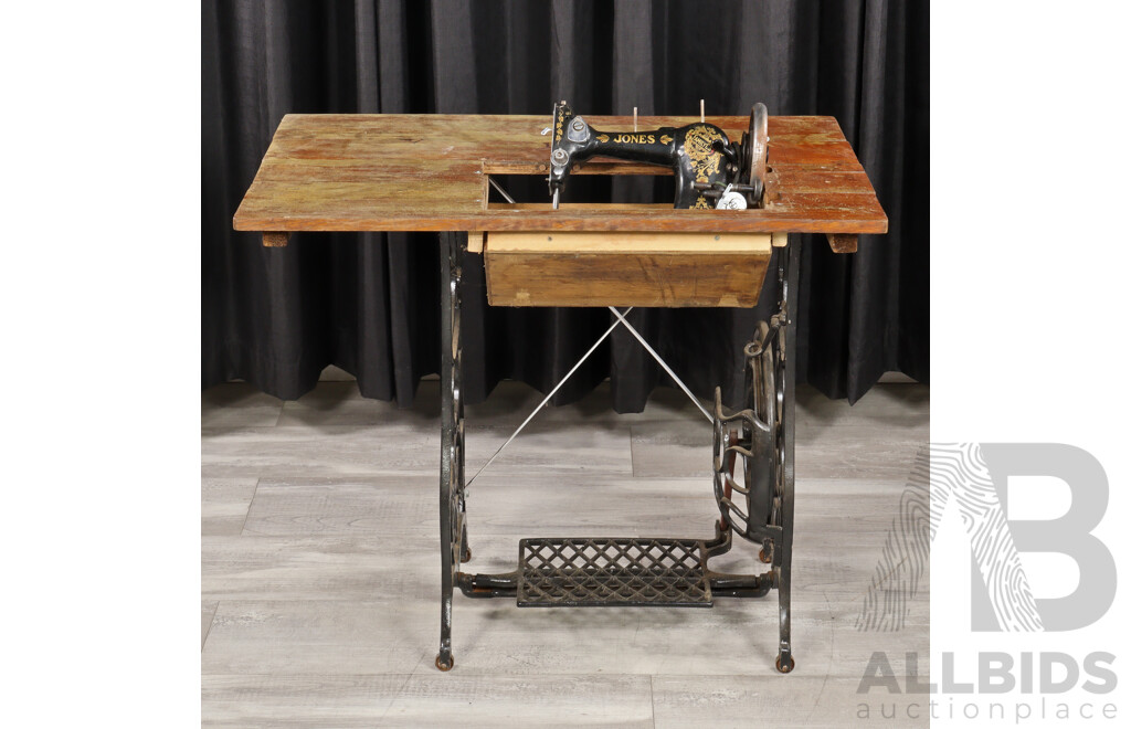 Vintage Jones Sewing Machine Over Treadle Base