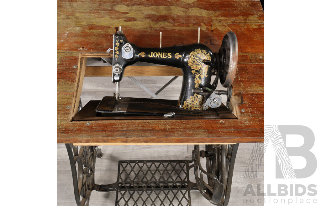 Vintage Jones Sewing Machine Over Treadle Base