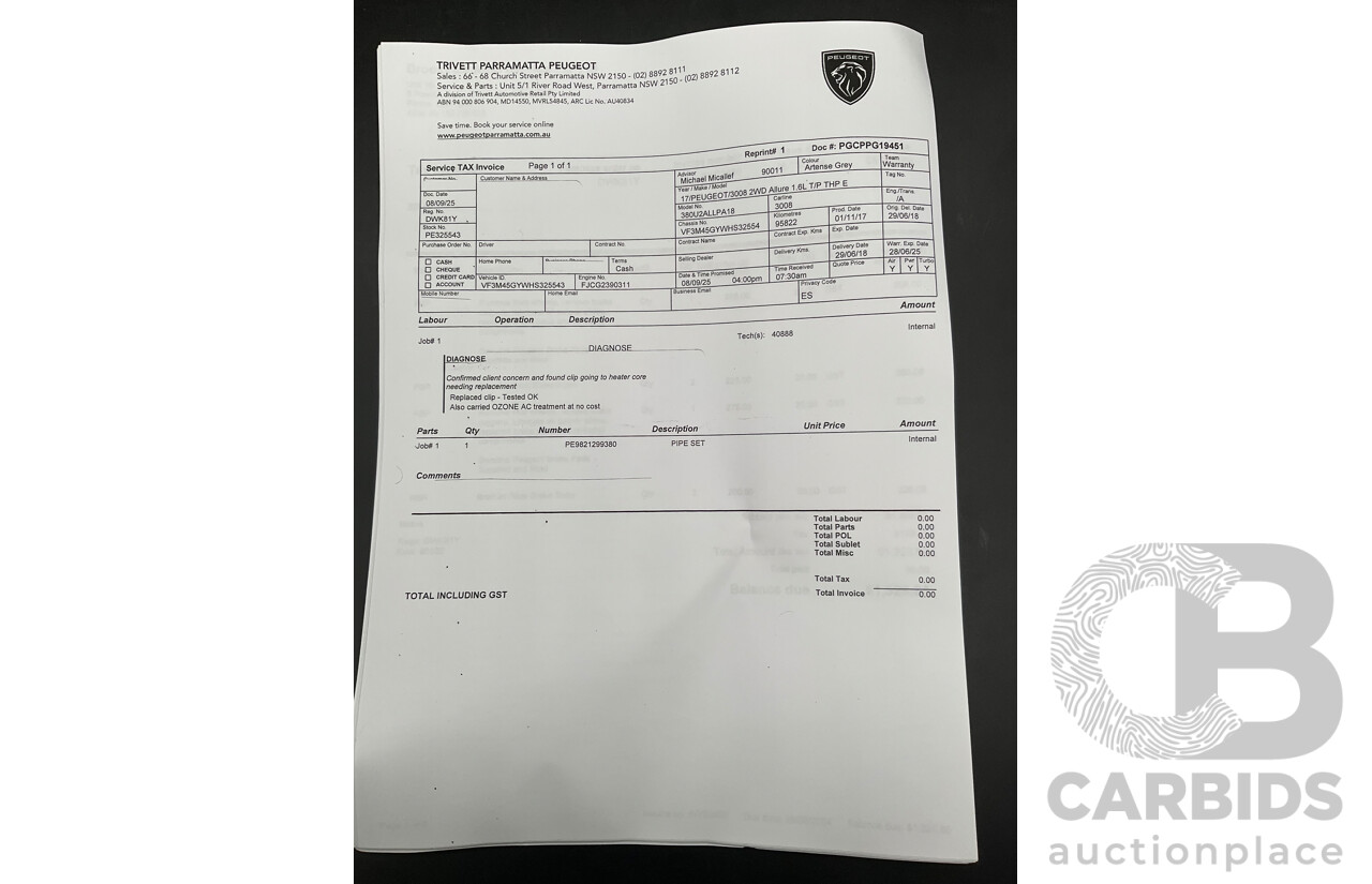 06/2018 Peugeot 3008 Allure (FWD) MY18 P84 4D Wagon Artense Grey Metallic Turbo 1.6L