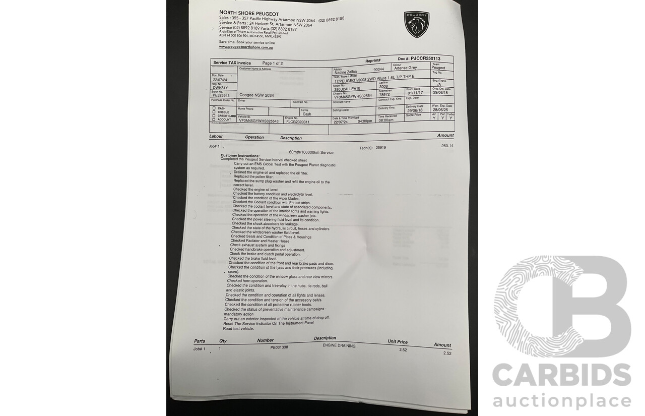 06/2018 Peugeot 3008 Allure (FWD) MY18 P84 4D Wagon Artense Grey Metallic Turbo 1.6L