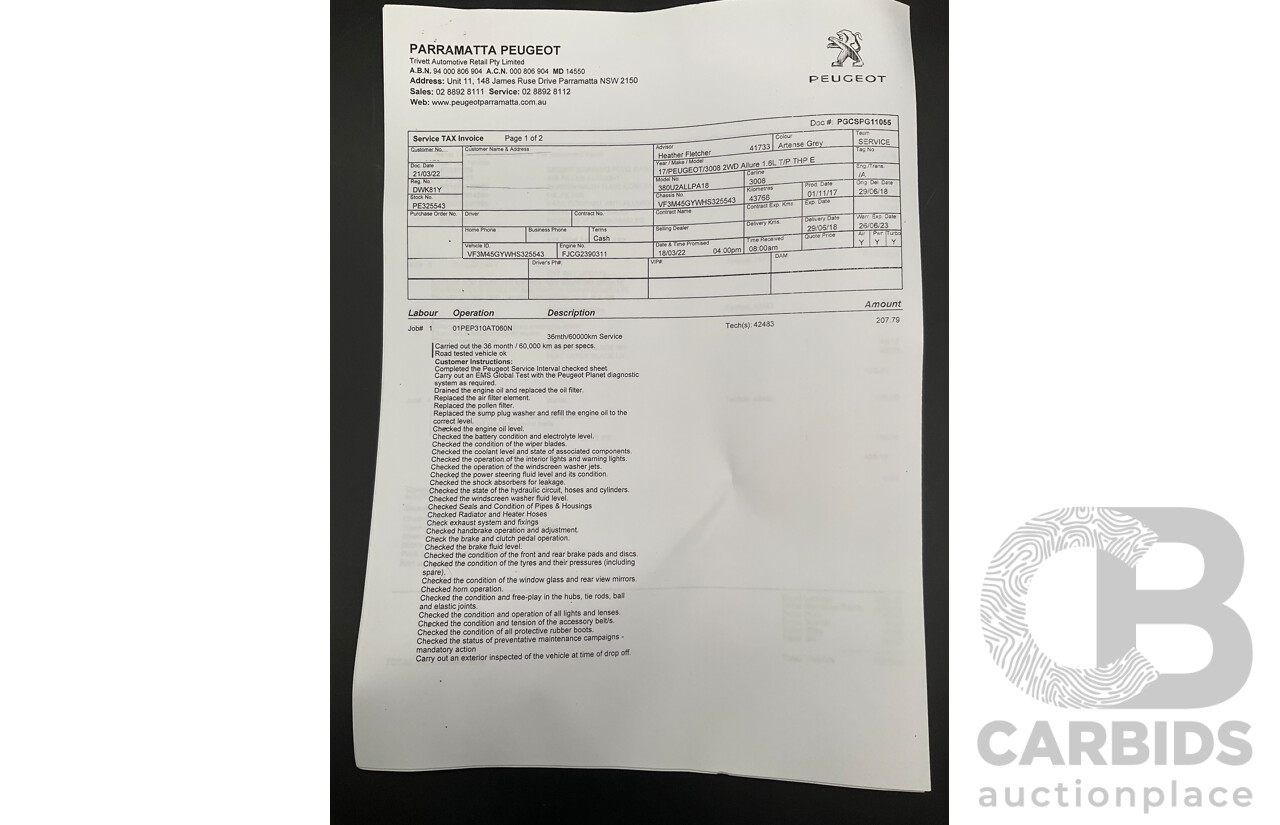 06/2018 Peugeot 3008 Allure (FWD) MY18 P84 4D Wagon Artense Grey Metallic Turbo 1.6L