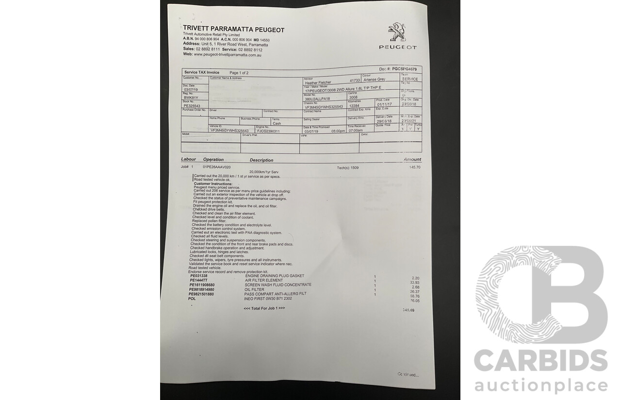 06/2018 Peugeot 3008 Allure (FWD) MY18 P84 4D Wagon Artense Grey Metallic Turbo 1.6L