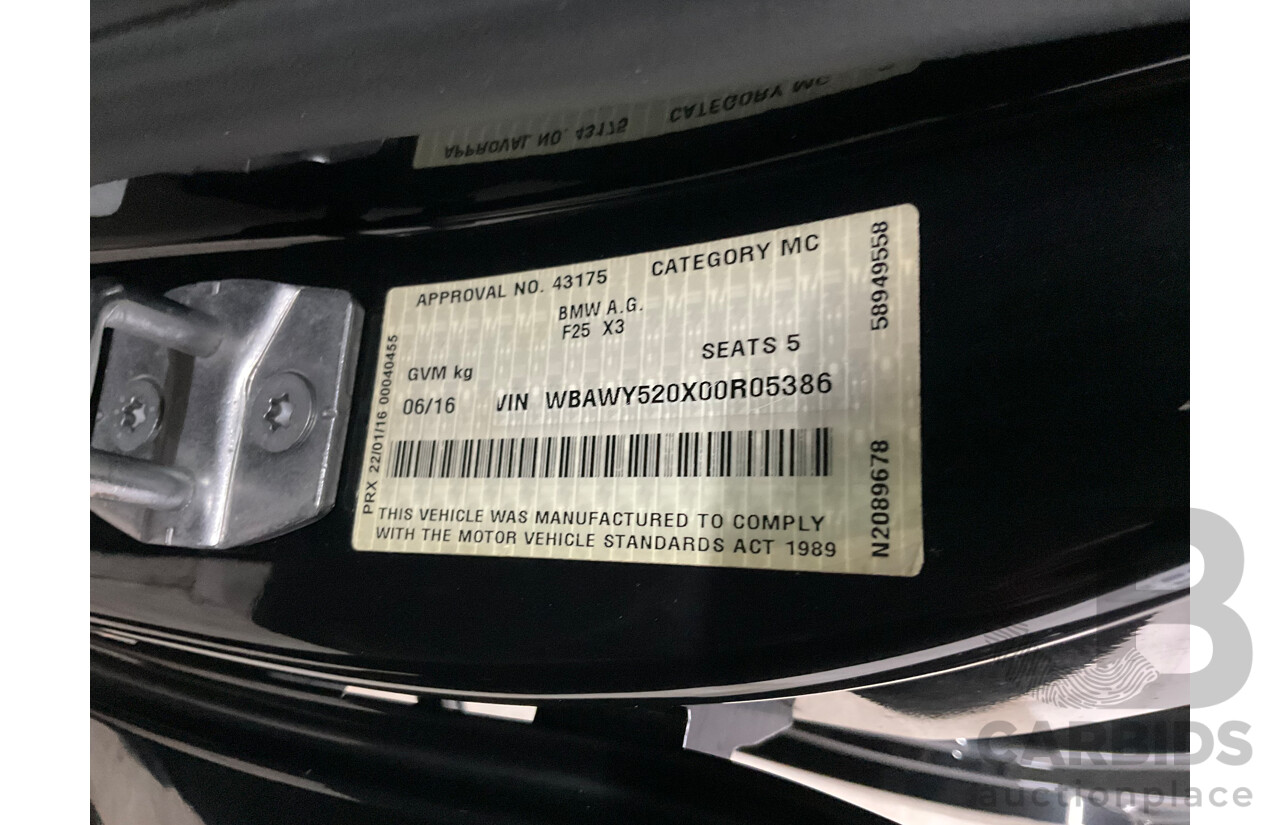 06/2016 BMW X3 xDrive30d (AWD) F25 MY17 4d Wagon Black Sapphire Metallic Turbo Diesel 3.0L