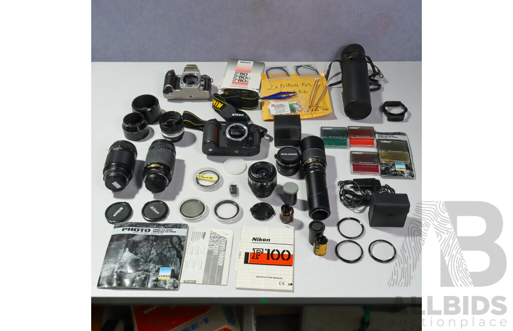 Nikon F80 & Nikon F100 Cameras in Soft Case with Nikkor 70-300mm & 70-210mm Lenses and More