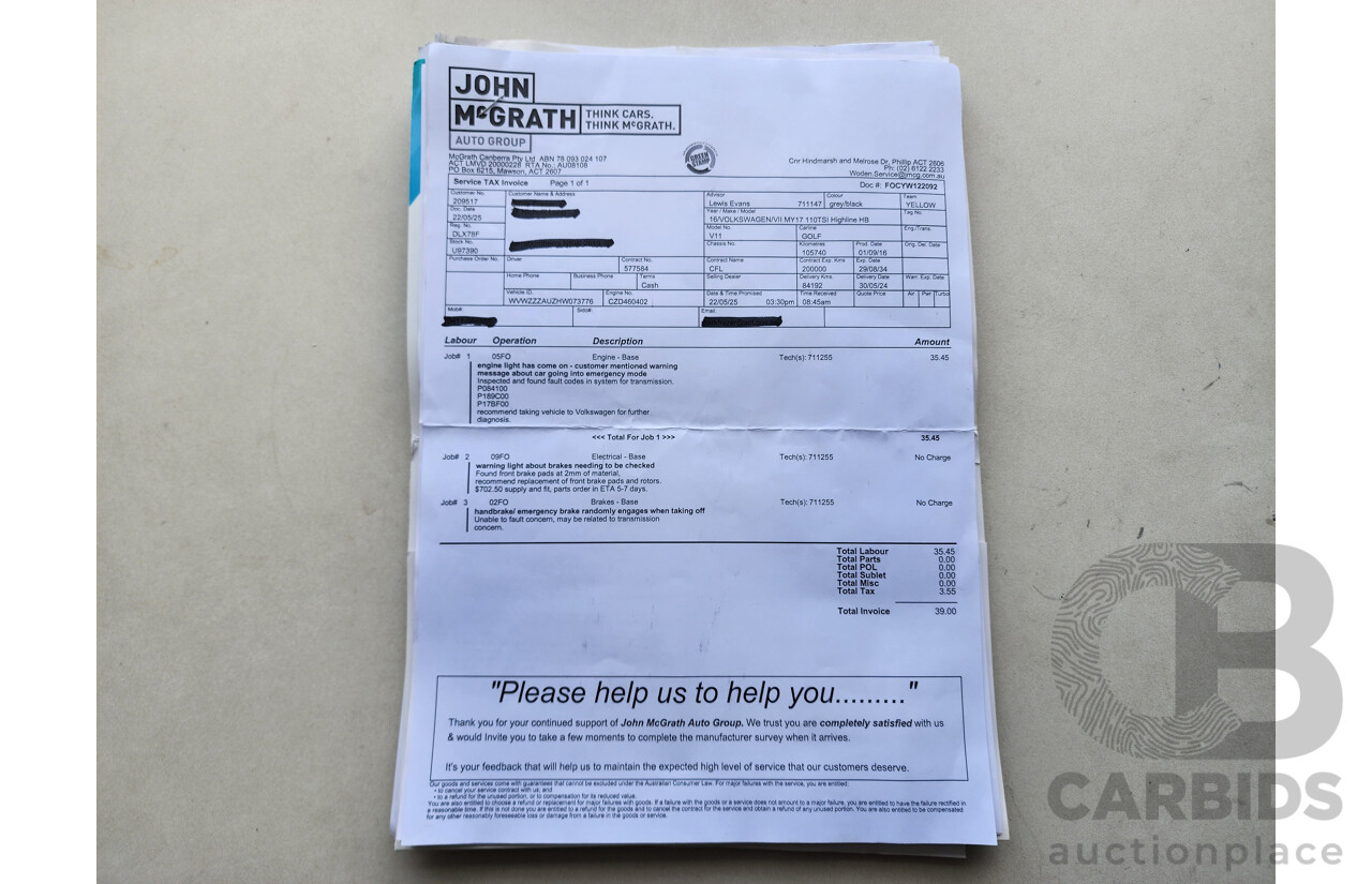 11/2016 Volkswagen Golf 110 TSI Highline AU MY17 5d Hatchback Grey 1.4L