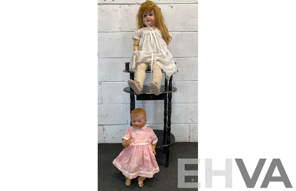 Two Vintage Bisque Dolls and Table Tier 3 Levels Table - Lot of 3