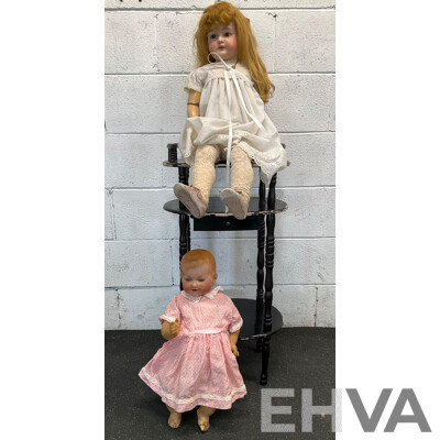 Two Vintage Bisque Dolls and Table Tier 3 Levels Table - Lot of 3