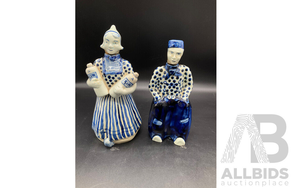 DELFT HOLLAND Dutch Boy and Girl Decanters, Erven Lucas Bols Liquor Decanter and Tulip Shaped Mug and Teacup and Saucer by H&M Sutherland - Lot of 5