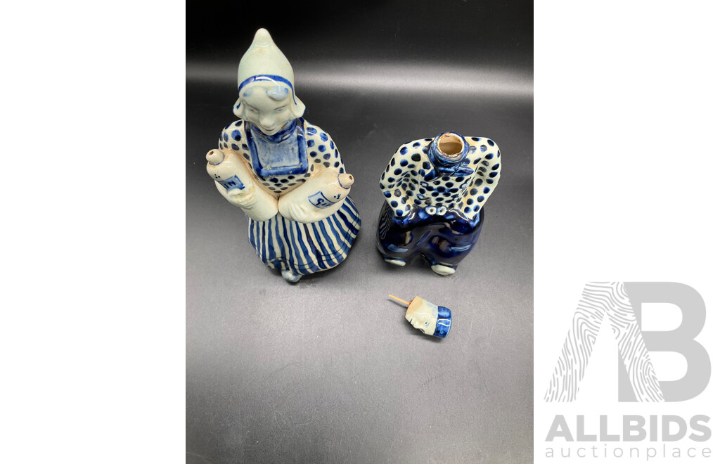 DELFT HOLLAND Dutch Boy and Girl Decanters, Erven Lucas Bols Liquor Decanter and Tulip Shaped Mug and Teacup and Saucer by H&M Sutherland - Lot of 5