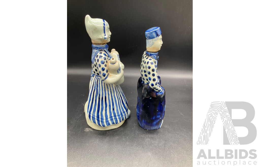DELFT HOLLAND Dutch Boy and Girl Decanters, Erven Lucas Bols Liquor Decanter and Tulip Shaped Mug and Teacup and Saucer by H&M Sutherland - Lot of 5