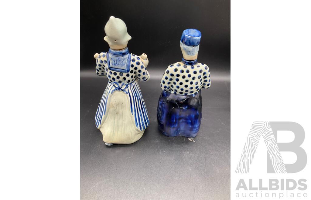 DELFT HOLLAND Dutch Boy and Girl Decanters, Erven Lucas Bols Liquor Decanter and Tulip Shaped Mug and Teacup and Saucer by H&M Sutherland - Lot of 5
