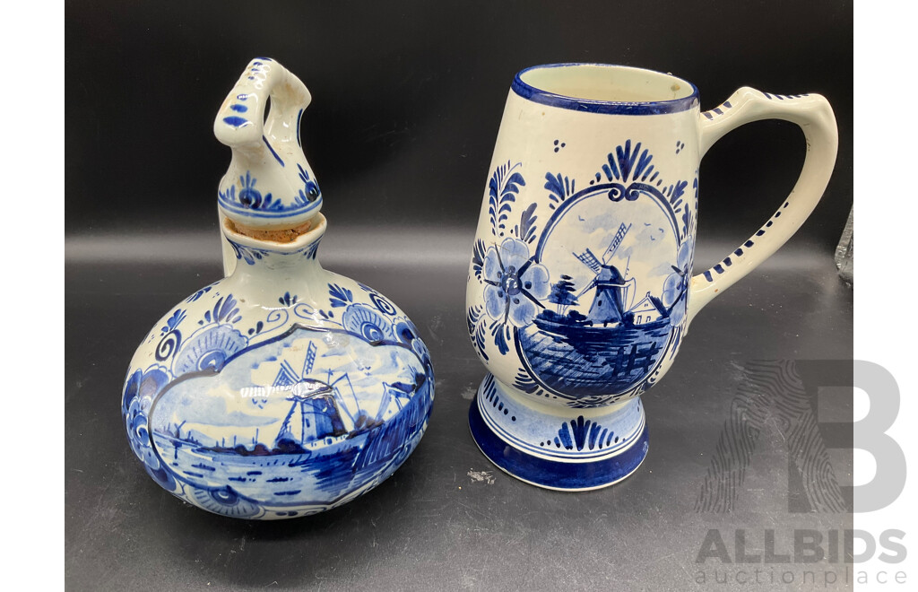 DELFT HOLLAND Dutch Boy and Girl Decanters, Erven Lucas Bols Liquor Decanter and Tulip Shaped Mug and Teacup and Saucer by H&M Sutherland - Lot of 5