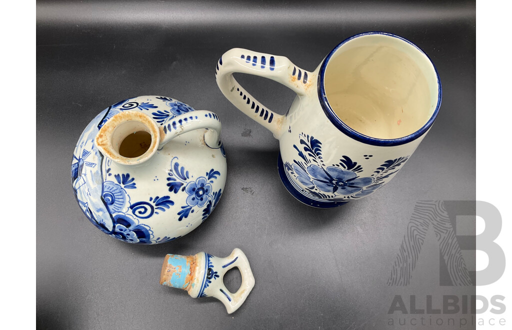 DELFT HOLLAND Dutch Boy and Girl Decanters, Erven Lucas Bols Liquor Decanter and Tulip Shaped Mug and Teacup and Saucer by H&M Sutherland - Lot of 5