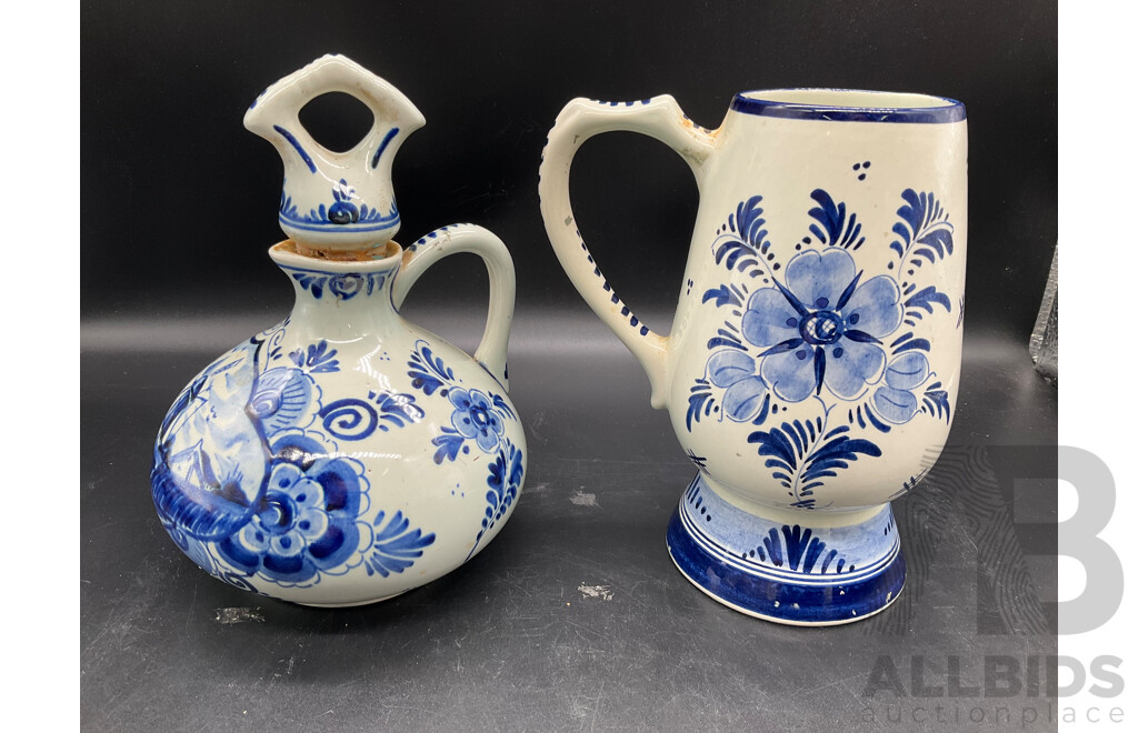 DELFT HOLLAND Dutch Boy and Girl Decanters, Erven Lucas Bols Liquor Decanter and Tulip Shaped Mug and Teacup and Saucer by H&M Sutherland - Lot of 5