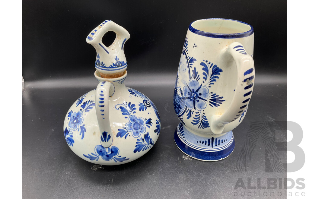 DELFT HOLLAND Dutch Boy and Girl Decanters, Erven Lucas Bols Liquor Decanter and Tulip Shaped Mug and Teacup and Saucer by H&M Sutherland - Lot of 5