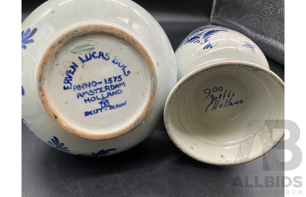 DELFT HOLLAND Dutch Boy and Girl Decanters, Erven Lucas Bols Liquor Decanter and Tulip Shaped Mug and Teacup and Saucer by H&M Sutherland - Lot of 5