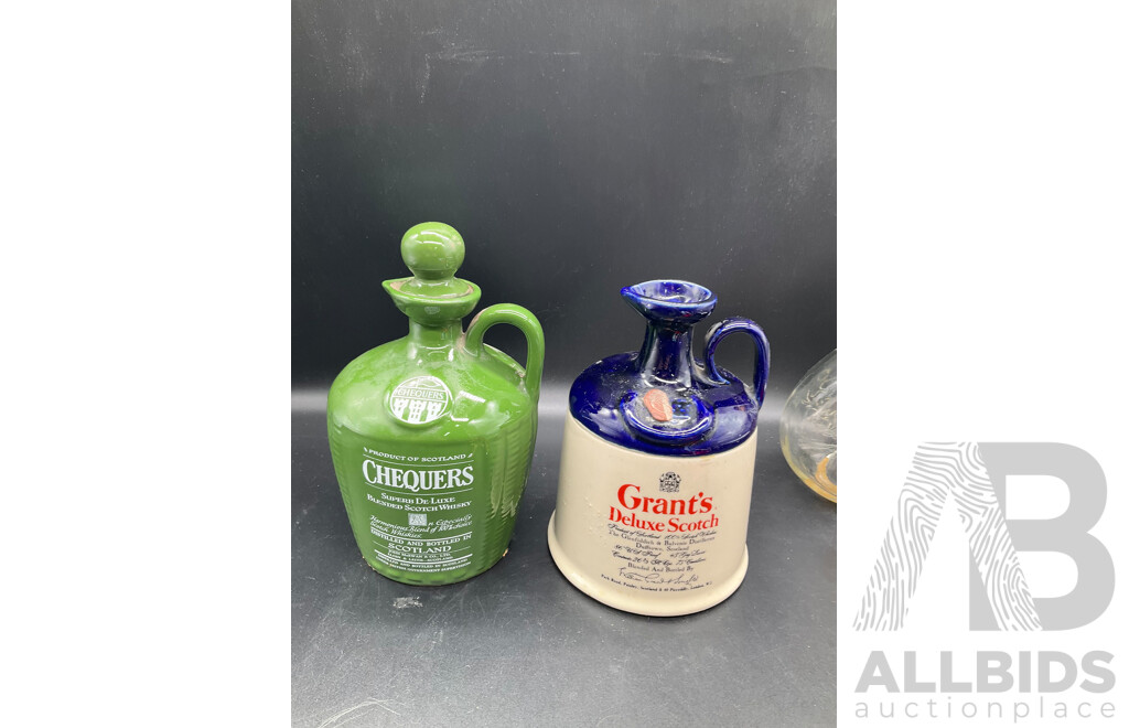 Assorted Empty Whisky Decanters, Original Full Coca-Cola in Glass Bottle From the NACS Show 1998 and Vintage McDonald's 2000 Orlando Worldwide Convention Hinged Coca-Cola Bottle - Lot of 7