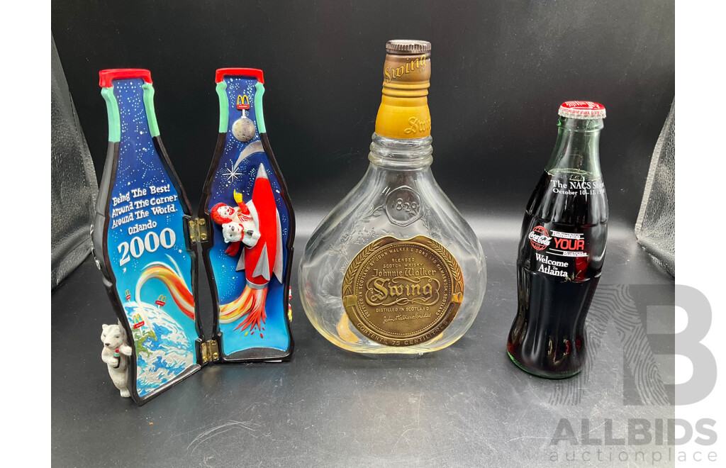 Assorted Empty Whisky Decanters, Original Full Coca-Cola in Glass Bottle From the NACS Show 1998 and Vintage McDonald's 2000 Orlando Worldwide Convention Hinged Coca-Cola Bottle - Lot of 7