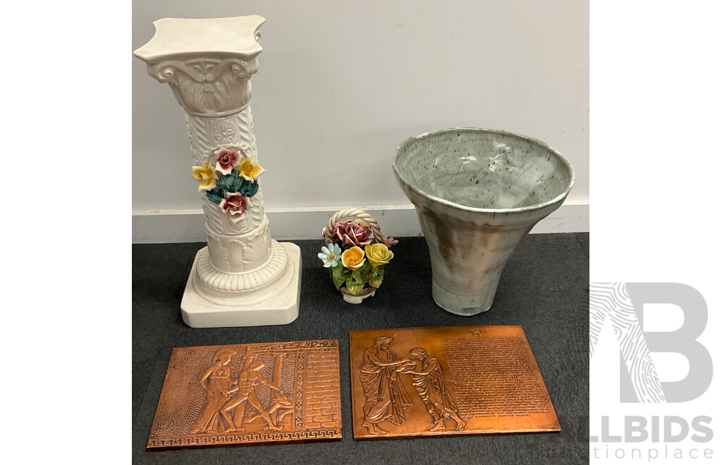 Assorted Decor, Including Capodimonte Pedestal Stand and Flower Basket, Large Vase and Two Plaques - Lot of 5