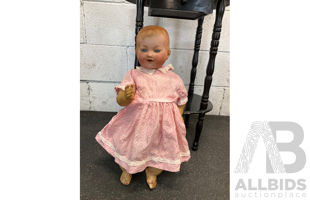 Two Vintage Bisque Dolls and Table Tier 3 Levels Table - Lot of 3