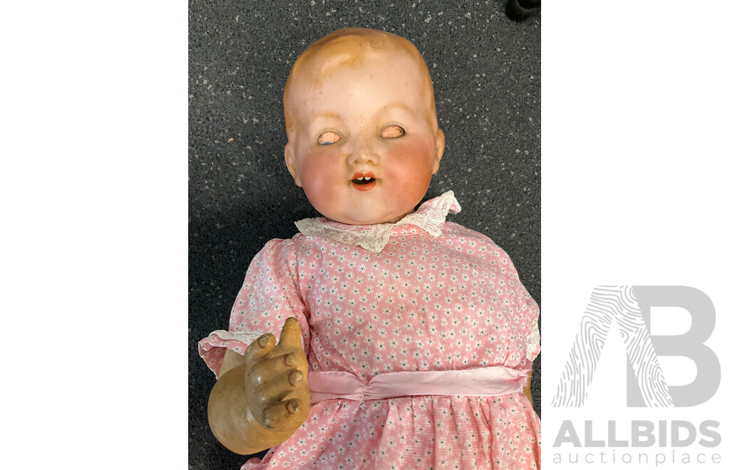 Two Vintage Bisque Dolls and Table Tier 3 Levels Table - Lot of 3