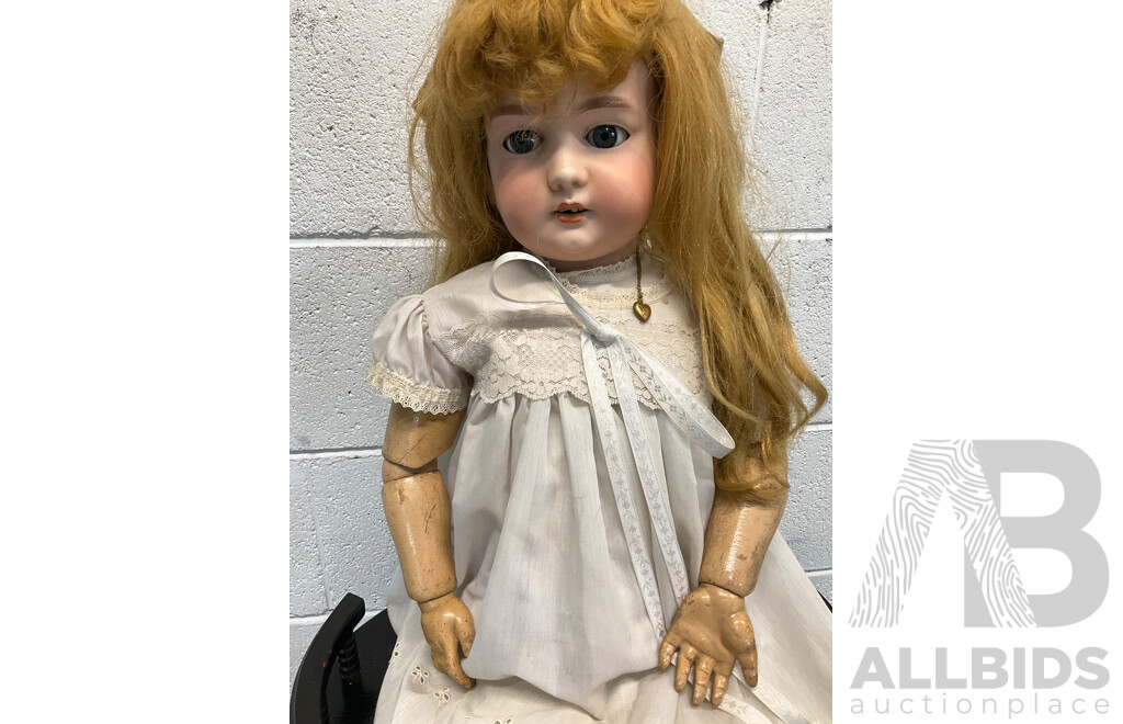 Two Vintage Bisque Dolls and Table Tier 3 Levels Table - Lot of 3