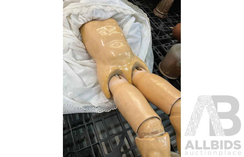 Two Vintage Bisque Dolls and Table Tier 3 Levels Table - Lot of 3