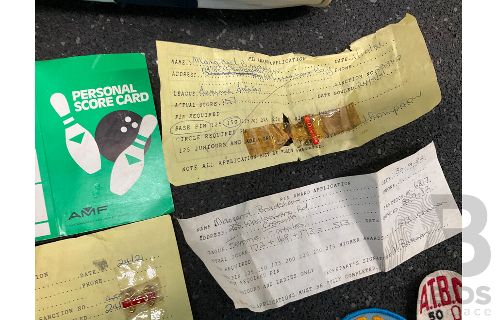 Vintage Bowling AMF Strikeline Ball with Carry Bat, Shoes, Certificates and Pins