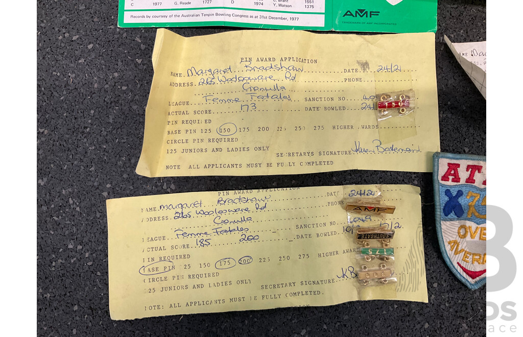 Vintage Bowling AMF Strikeline Ball with Carry Bat, Shoes, Certificates and Pins