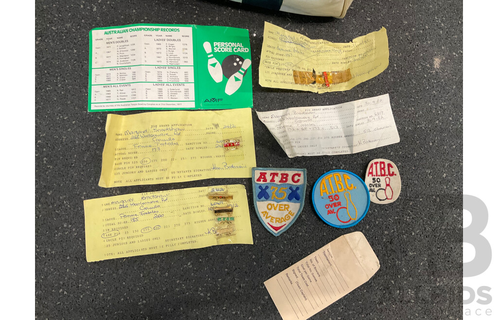 Vintage Bowling AMF Strikeline Ball with Carry Bat, Shoes, Certificates and Pins