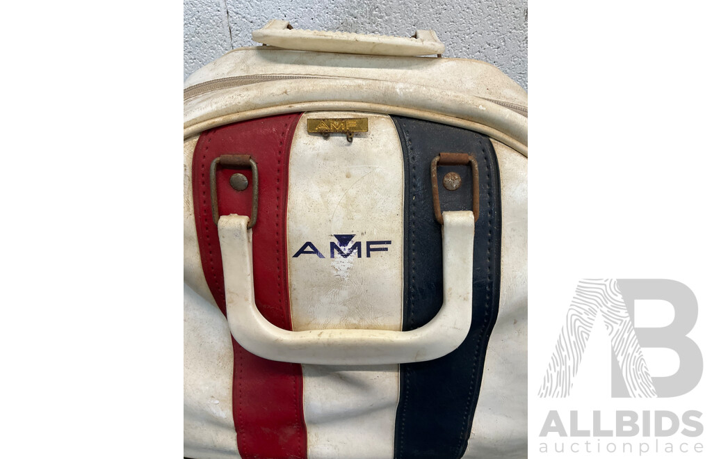 Vintage Bowling AMF Strikeline Ball with Carry Bat, Shoes, Certificates and Pins