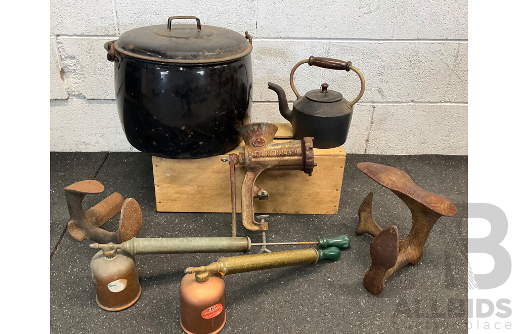 Assorted Vintage Items - Decor, Including Cast Iron Shoe Anvil, Spong Meat Grinder, Rega Sprayers, Cooking Pot and Kettle - Lot of 7