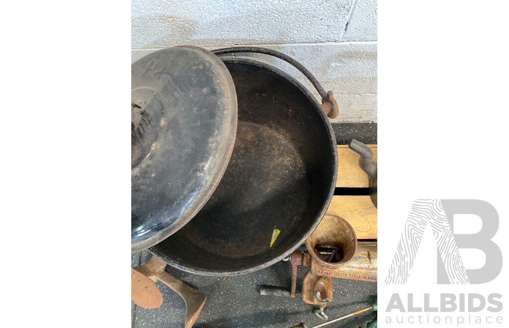 Assorted Vintage Items - Decor, Including Cast Iron Shoe Anvil, Spong Meat Grinder, Rega Sprayers, Cooking Pot and Kettle - Lot of 7