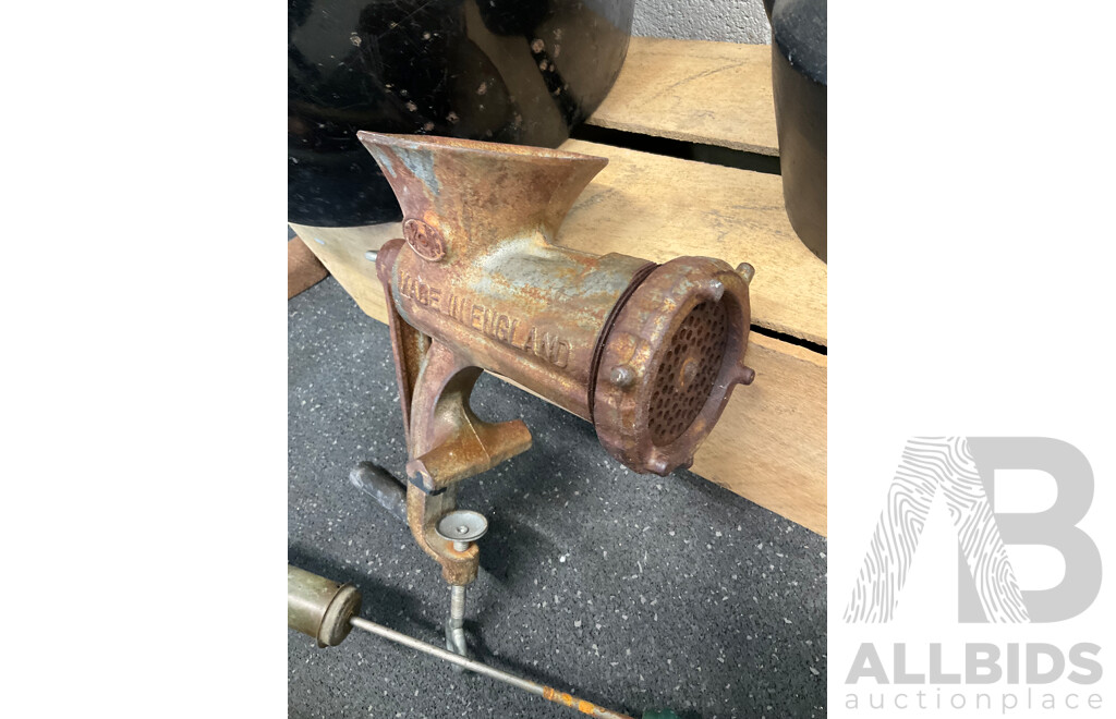 Assorted Vintage Items - Decor, Including Cast Iron Shoe Anvil, Spong Meat Grinder, Rega Sprayers, Cooking Pot and Kettle - Lot of 7