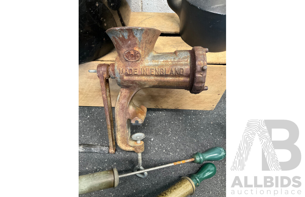 Assorted Vintage Items - Decor, Including Cast Iron Shoe Anvil, Spong Meat Grinder, Rega Sprayers, Cooking Pot and Kettle - Lot of 7