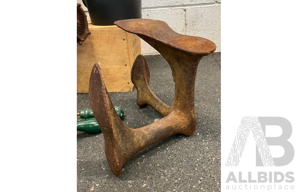 Assorted Vintage Items - Decor, Including Cast Iron Shoe Anvil, Spong Meat Grinder, Rega Sprayers, Cooking Pot and Kettle - Lot of 7