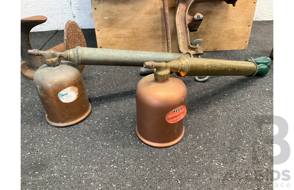 Assorted Vintage Items - Decor, Including Cast Iron Shoe Anvil, Spong Meat Grinder, Rega Sprayers, Cooking Pot and Kettle - Lot of 7