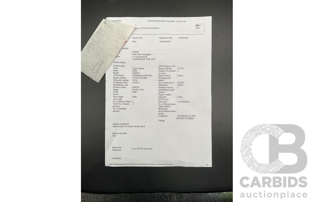 10/2014 Mercedes-Benz Sprinter 316CDI Extra Long High Roof (RWD) 906 MY14 3d Van Arctic White Turbo Diesel 2.1L - 7 Seater Custom Wheelchair Lift