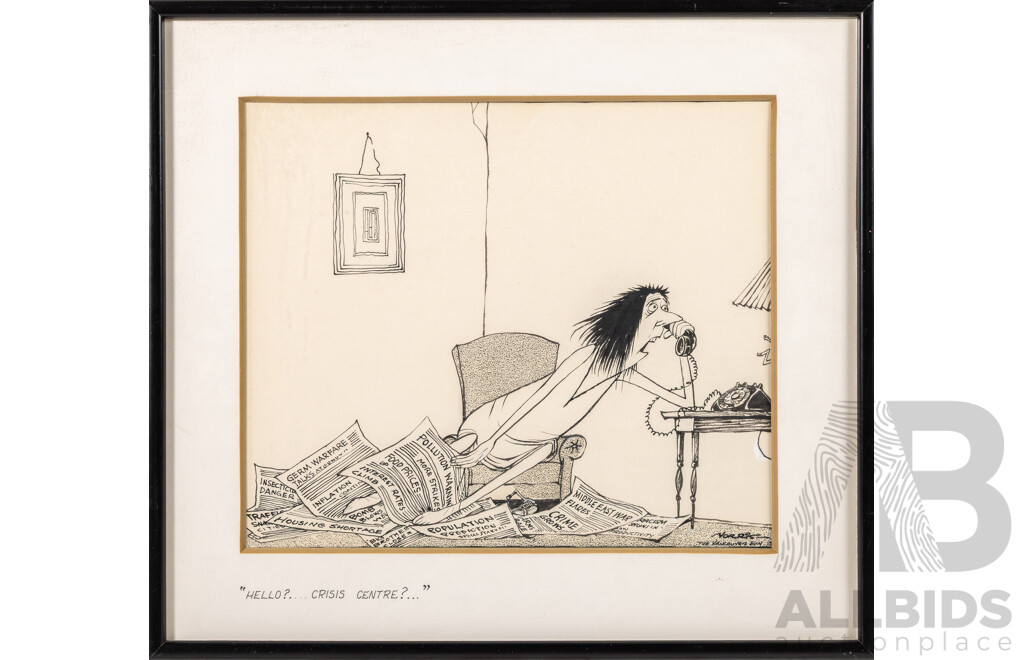 Len Norris, (20th Century, Canadian, 1913-1997), What Bugs Me... & Hello? Crisis Centre?, Pair Nicely Framed Original Vancouver Sun Cartoon Prints, with Canadian Musuem of Caricature Book (1990), 33 x 36 cm (frames) (3)